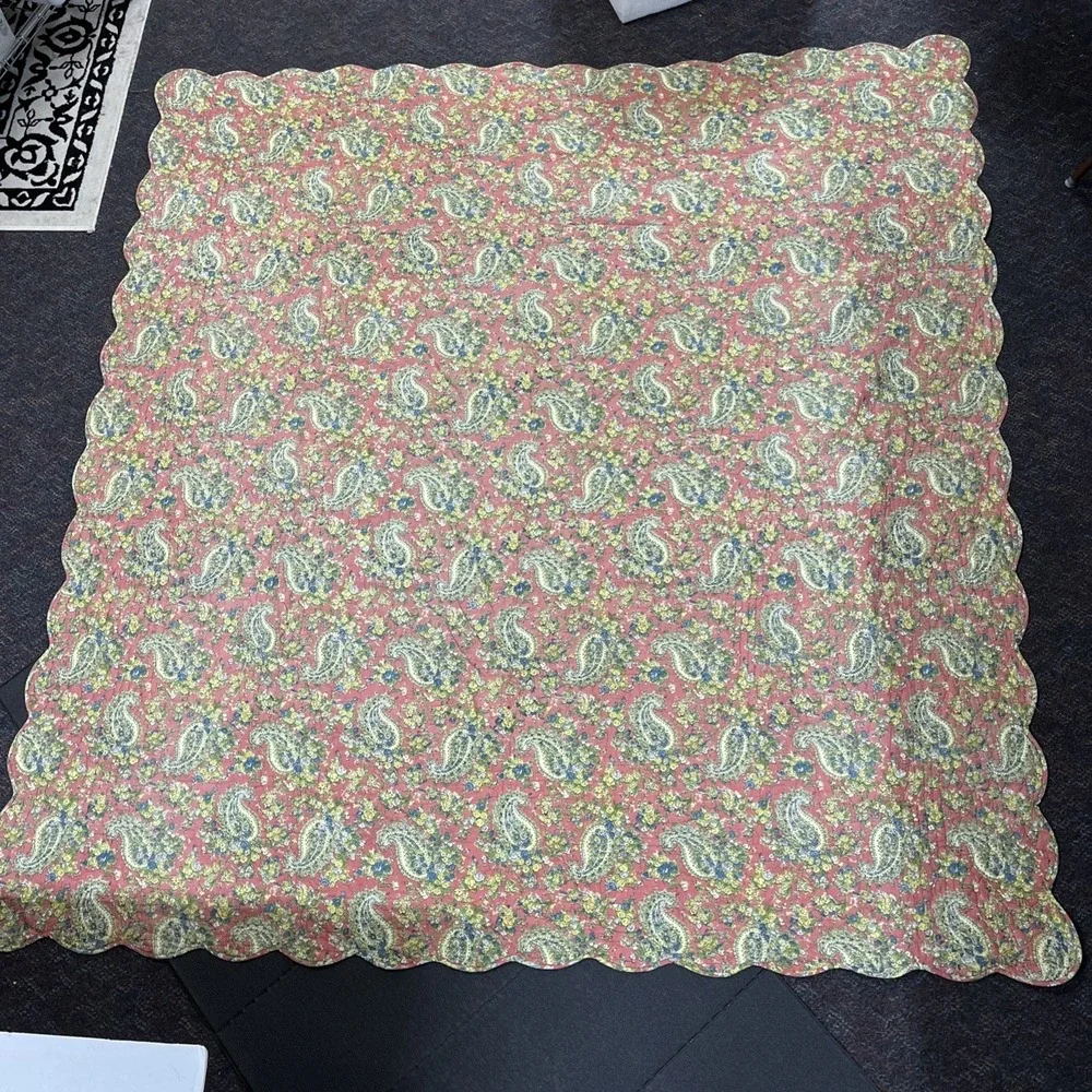 Pottery Barn Queen Quilt & Sham Pic Stitch Blue Pink Floral Paisley Reversible‎